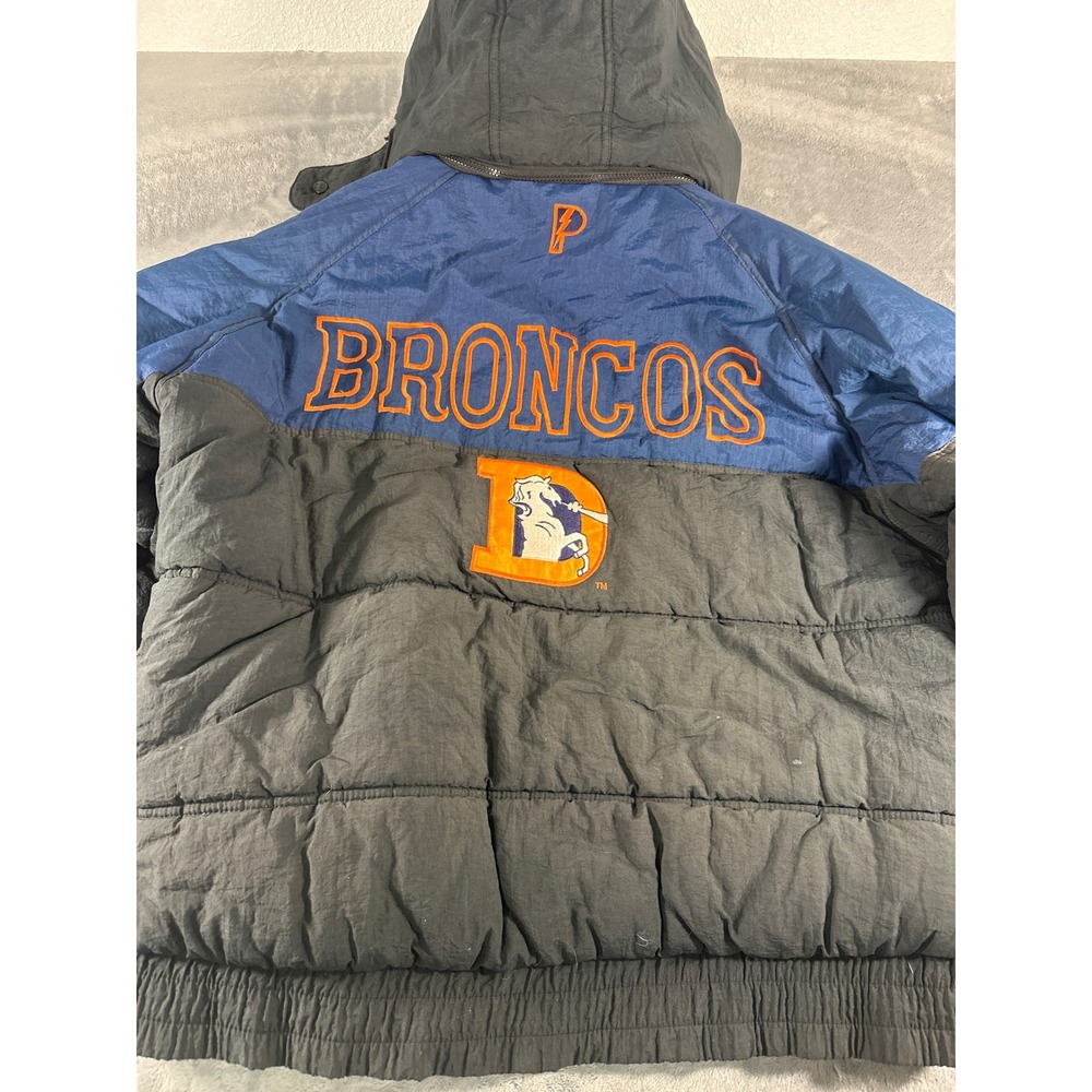 Vintage Pro Player Denver Broncos Puffer Jacket Blue Black Hooded Mens Large NFL - Picture 16 of 16
